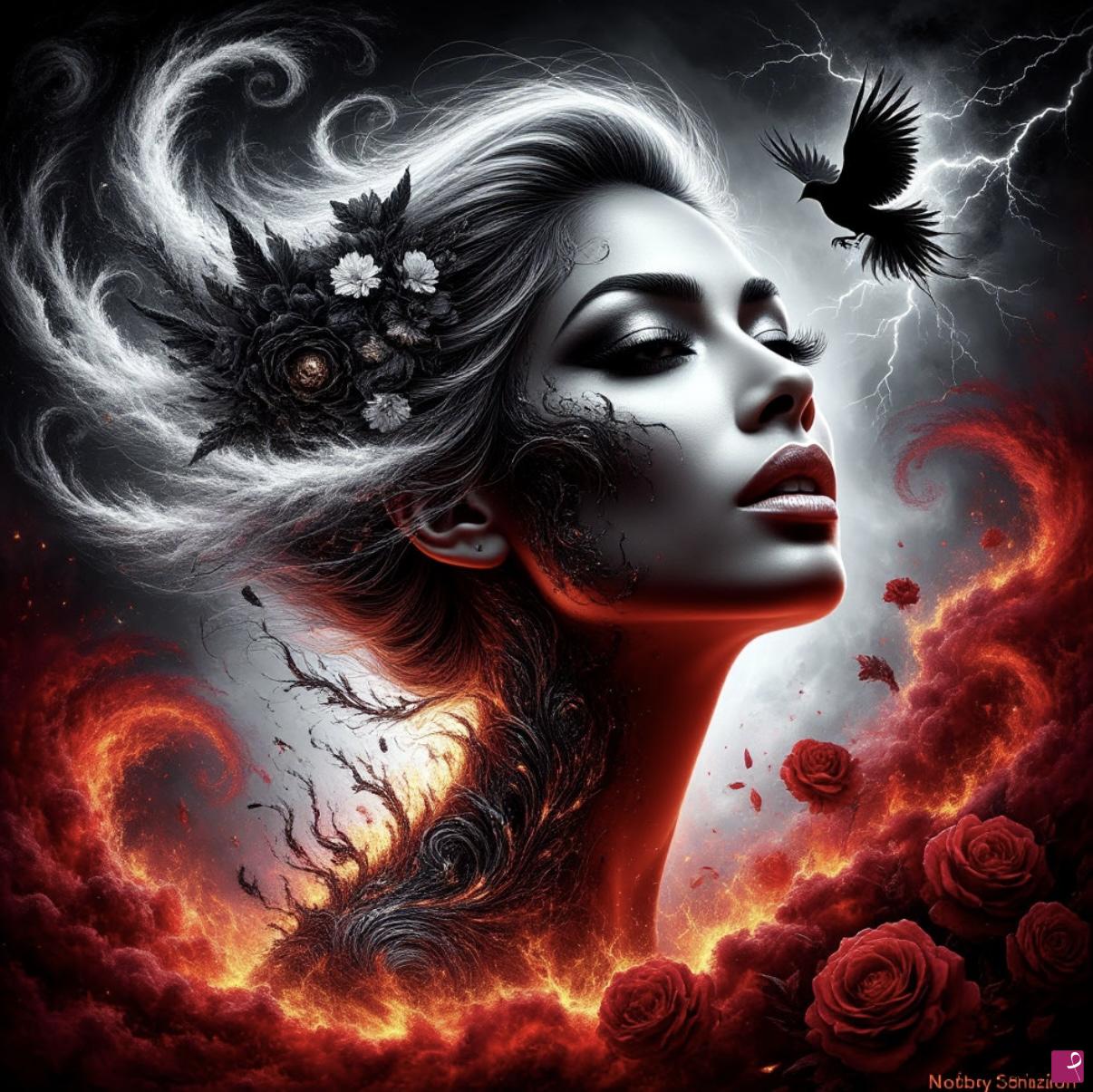 quadri in vendita online - Woman, bird, fire, flowers 