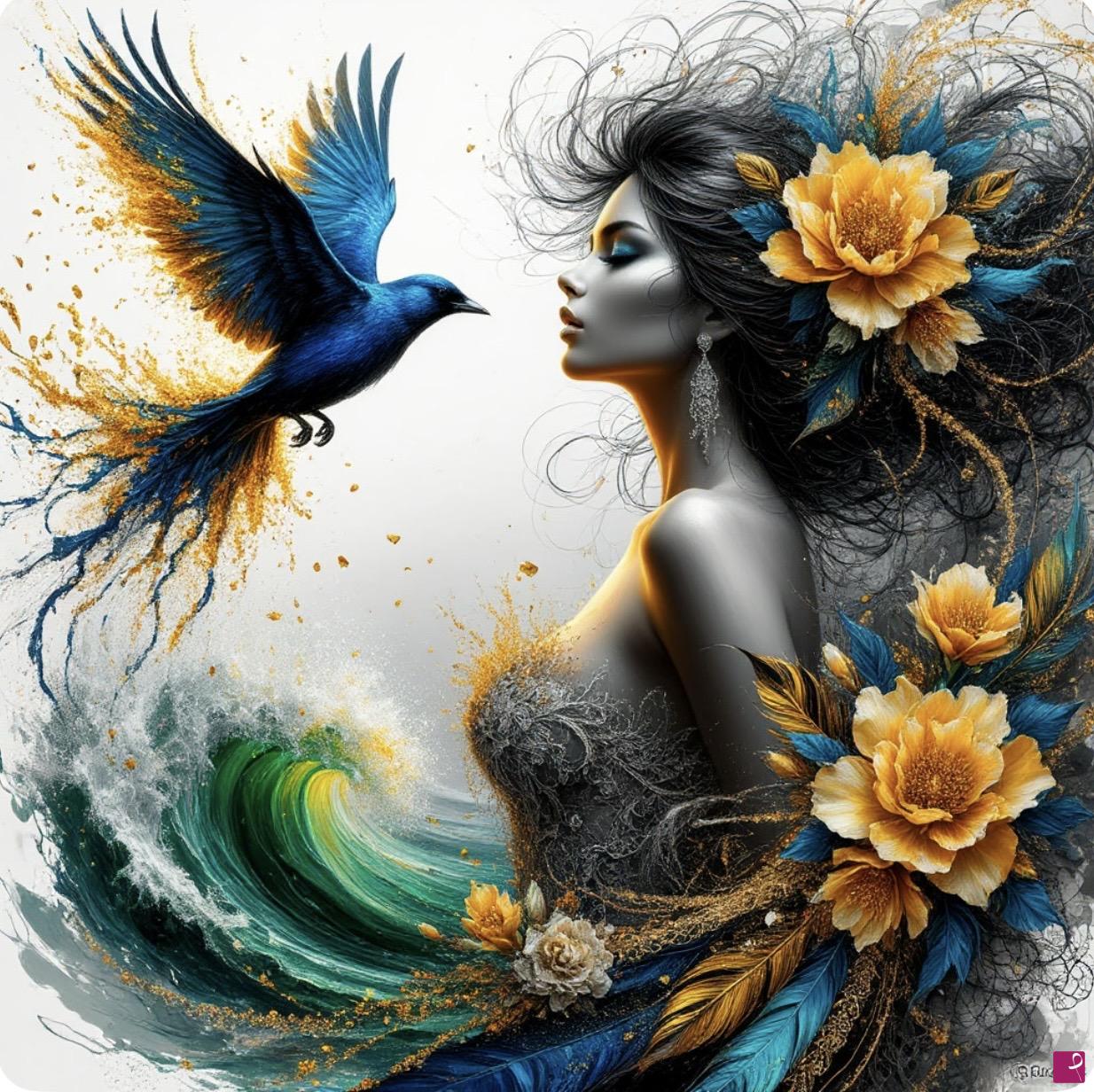 quadri in vendita online - Woman, bird, waves, flowers 