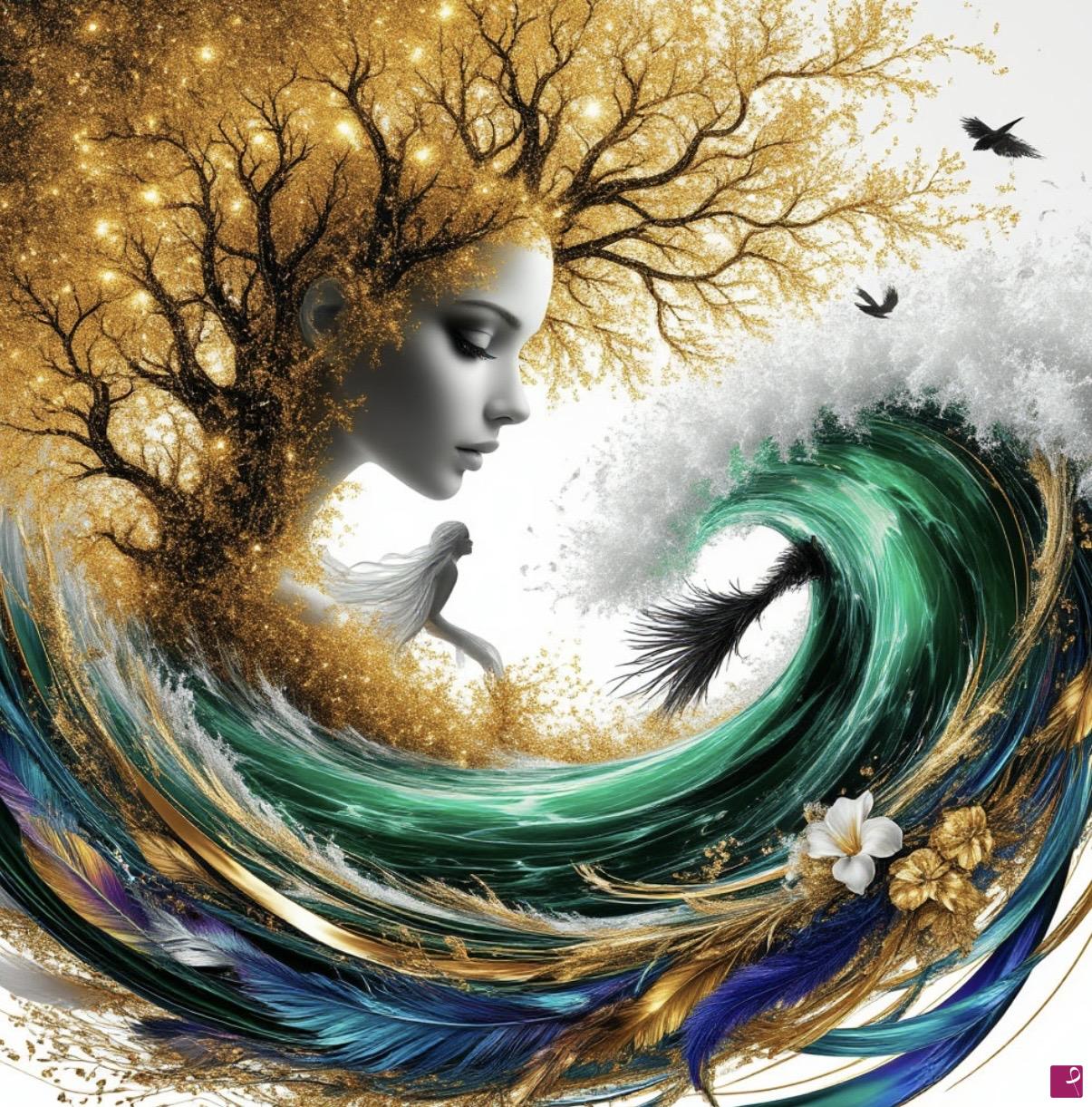 quadri in vendita online - Woman tree, flowers, waves 