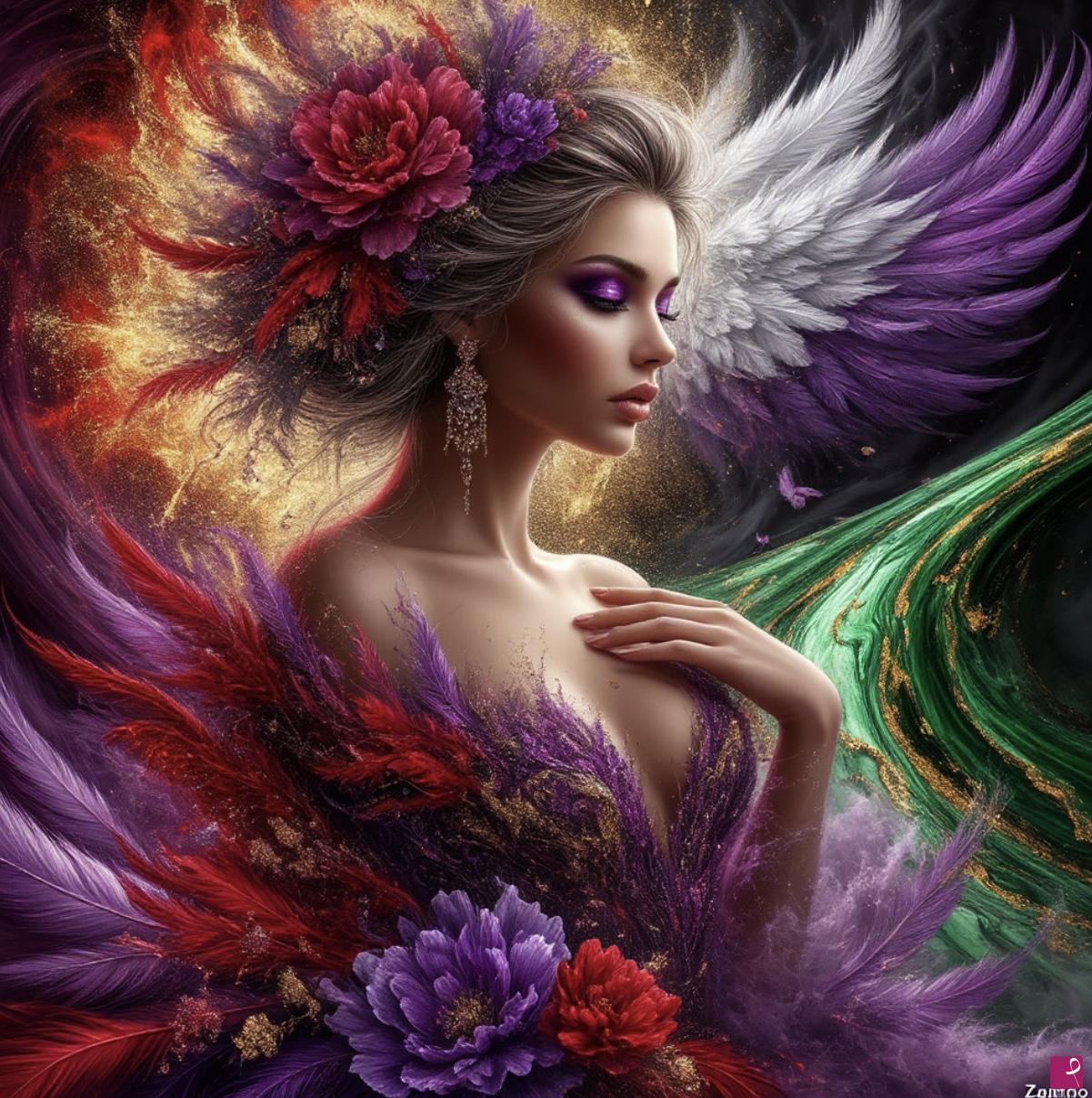 quadri in vendita online - Women, feathers, flowers 