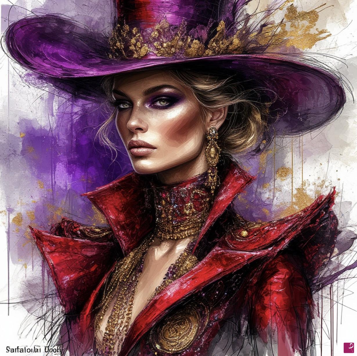 quadri in vendita online - Women in big hat, flowers 
