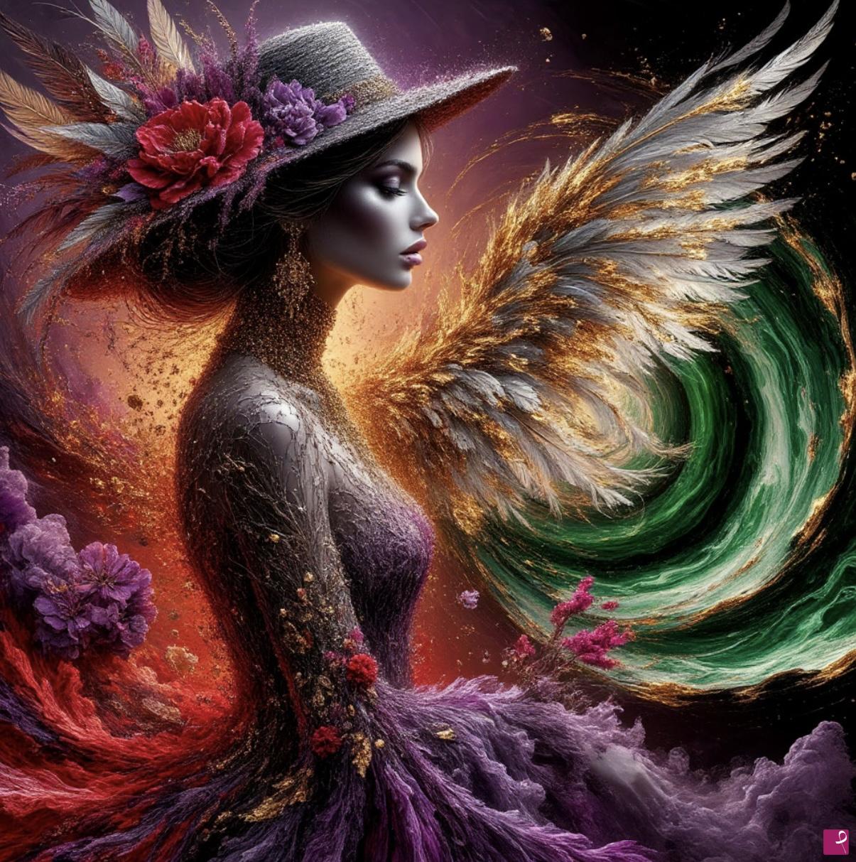quadri in vendita online - Women in hat, feathers, flowers 