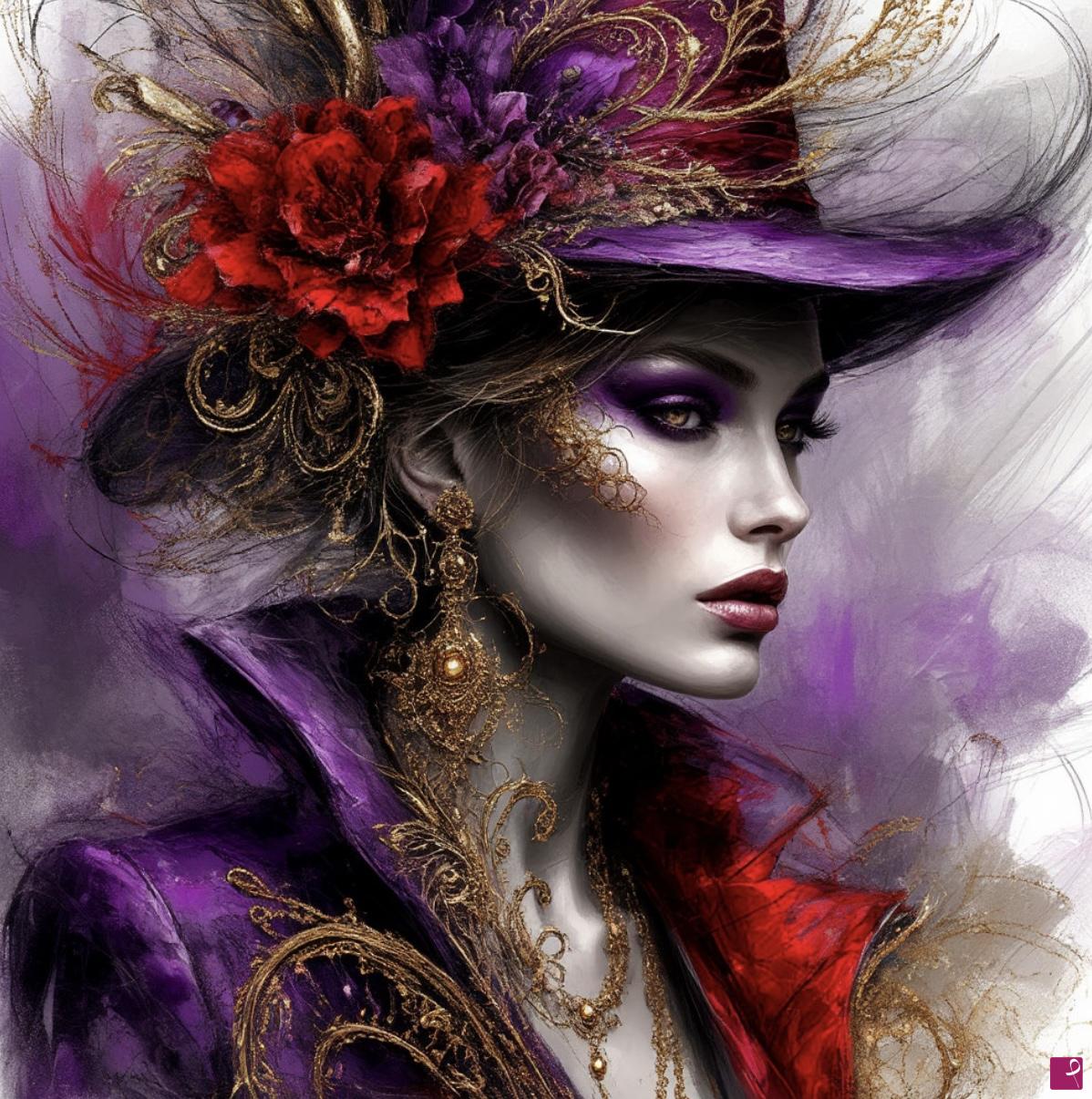 quadri in vendita online - Women in hat, flowers 